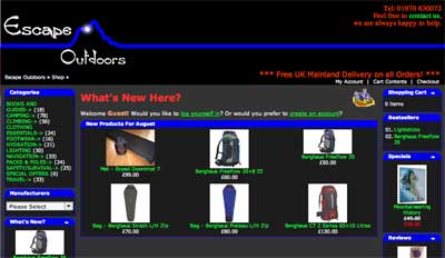 Screen shot of Escape Outdoors Online Shop