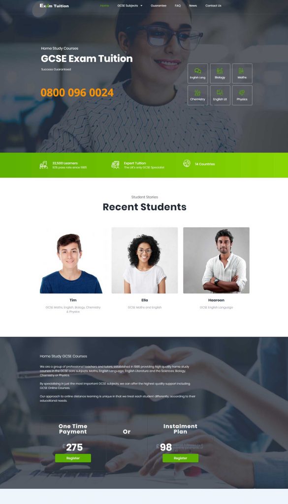 Exam Tuition Website Design Screen Grab